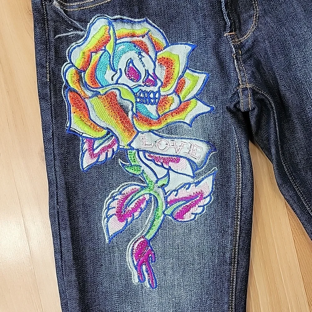 Ed Hardy by Christian Audigier Embroidered Tattoo Raw Hem Jeans - Picture 5 of 12